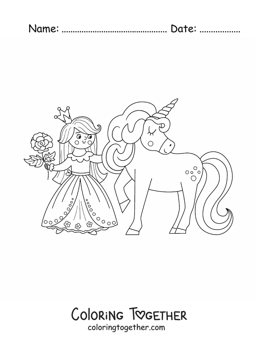 Coloring page of a kawaii princess with a unicorn