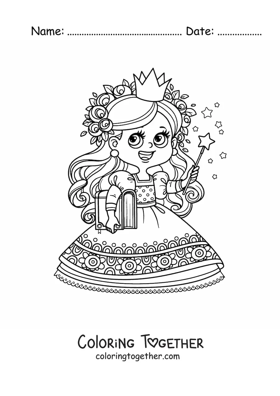 Coloring page of a kawaii magical princess with a book