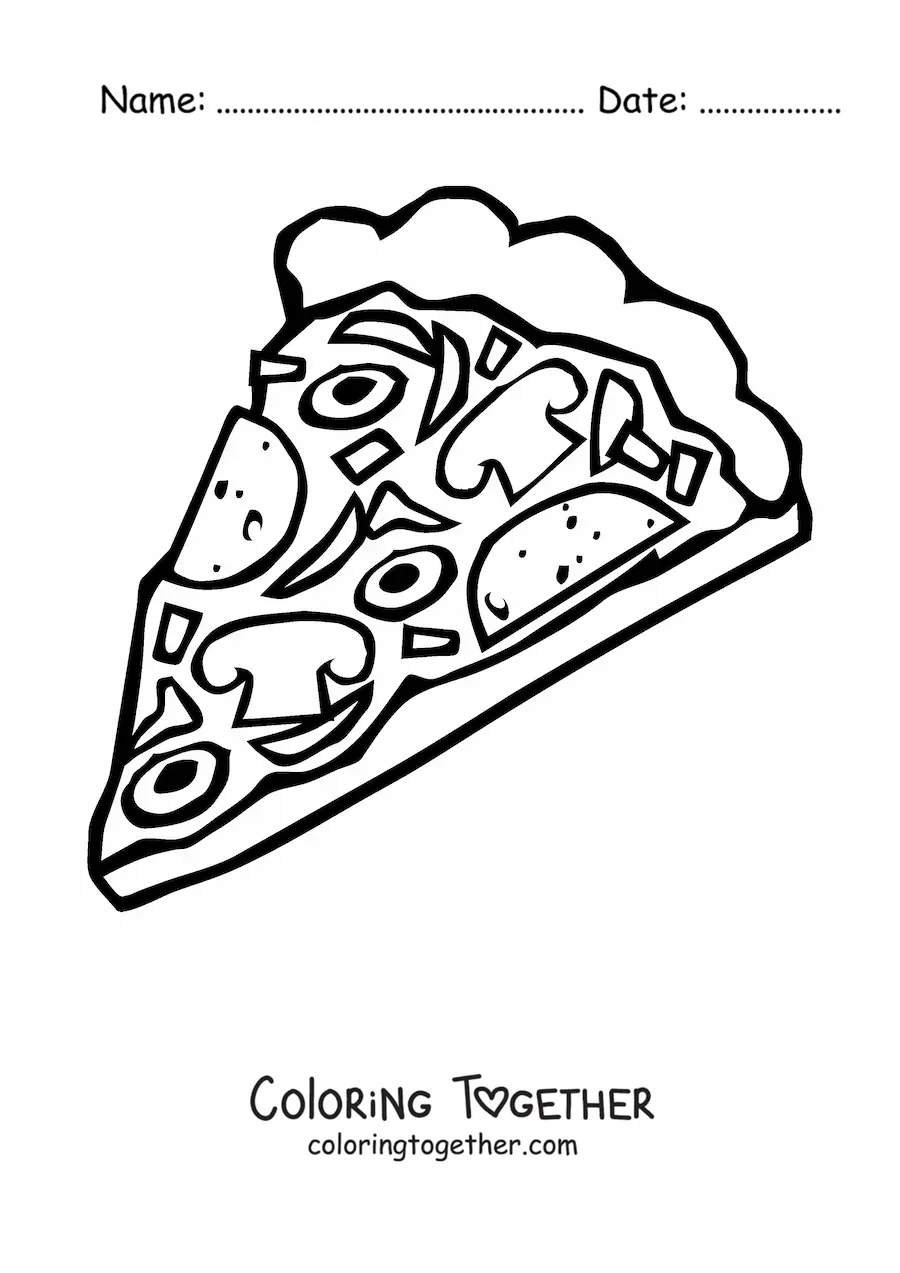 Coloring page of a pizza slice with mushrooms and olives