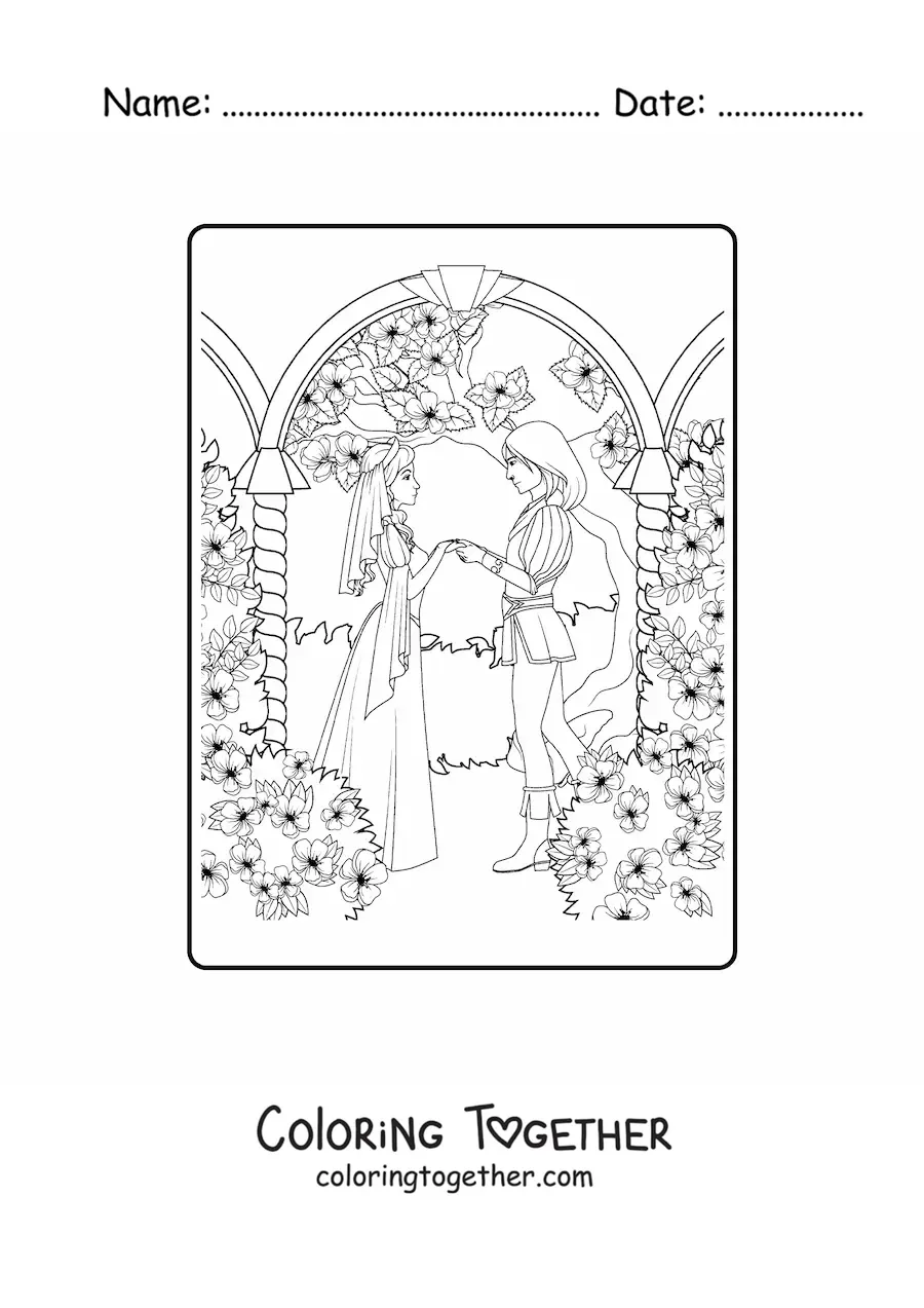 Coloring page of the wedding of the princess and the prince