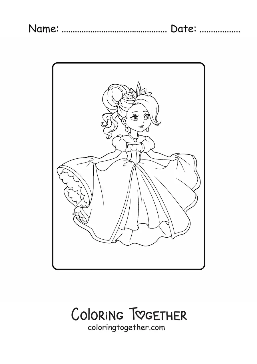 Coloring page of a princess girl with a beautiful dress