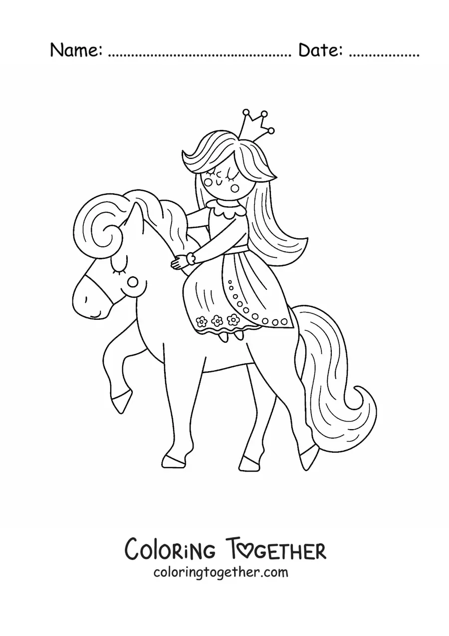 Coloring page of a kawaii princess on a pony