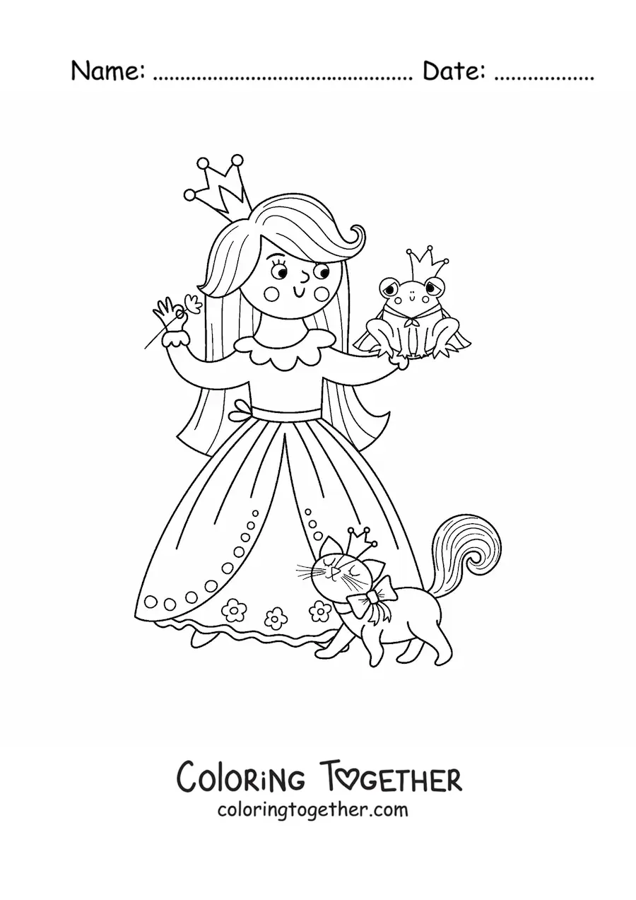 Coloring page of a kawaii princess with a pet and a prince turned into a frog