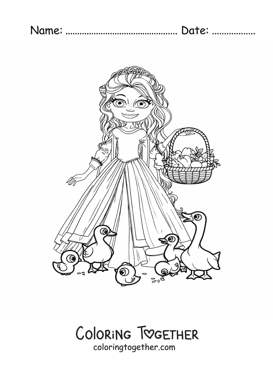 Coloring page of a cartoon princess with a fruit basket feeding ducks