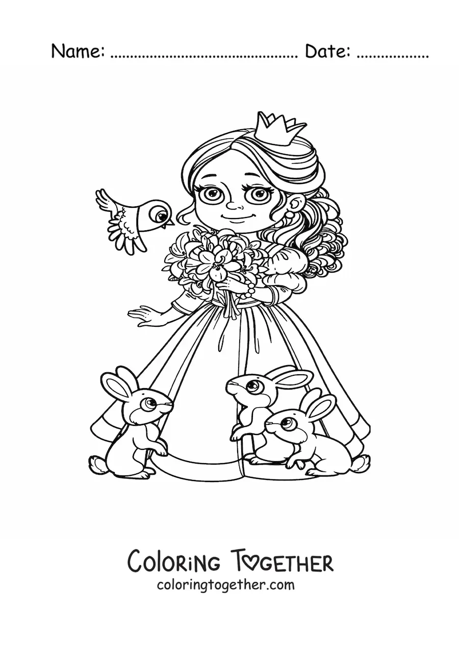 Coloring page of a kawaii princess with pets and flowers
