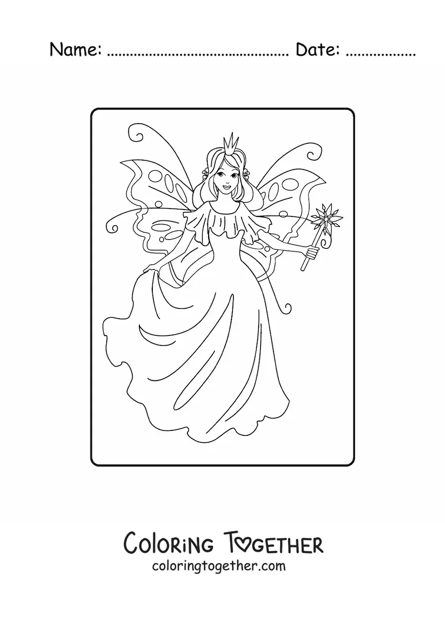 Coloring page of a magical fairy princess