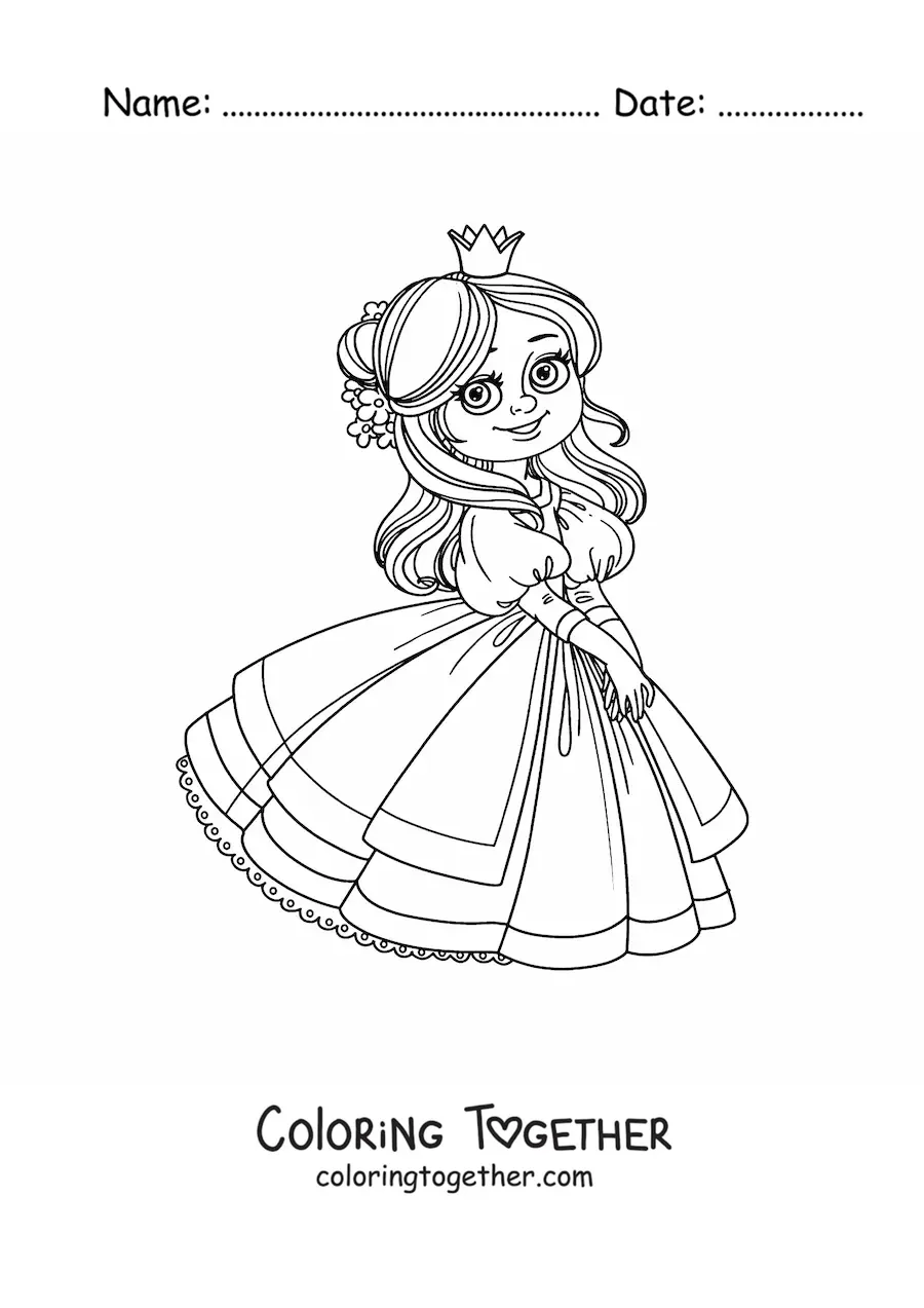 Coloring page of a cute cartoon princess with gloves