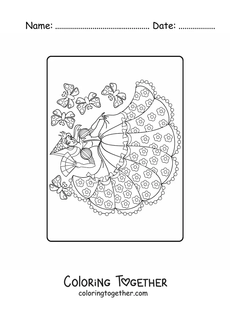 Coloring page of a magical princess, horizontal