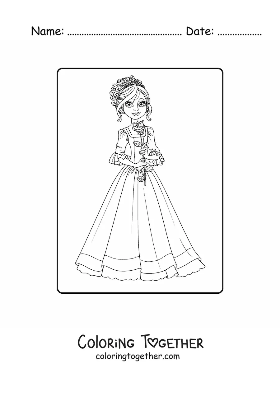 Coloring page of an elegant princess with a rose