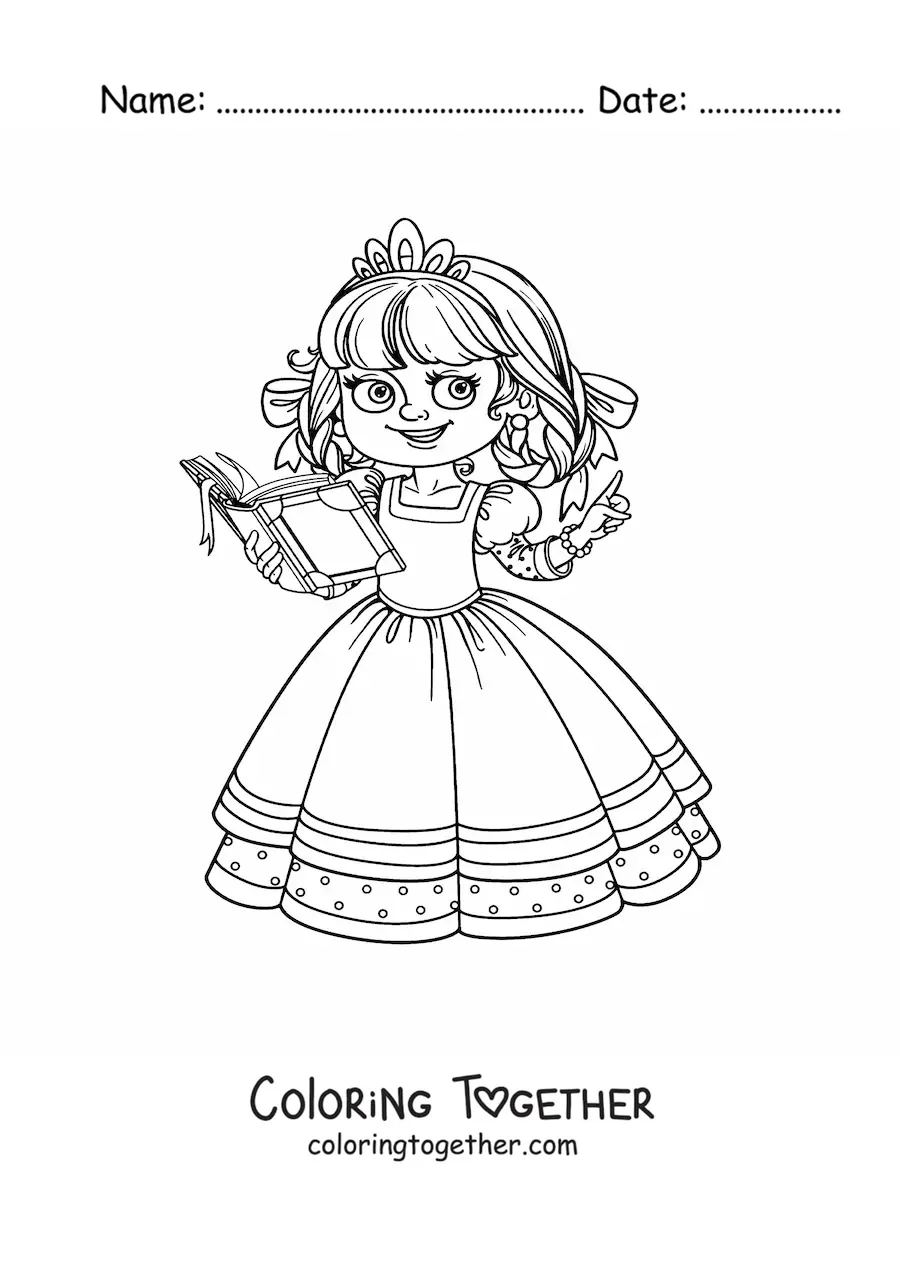 Coloring page of a kawaii princess reading a book