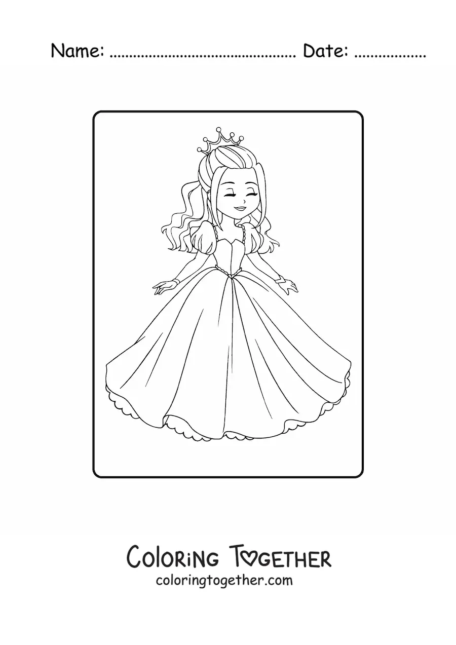 Coloring page of a cute cheerful princess
