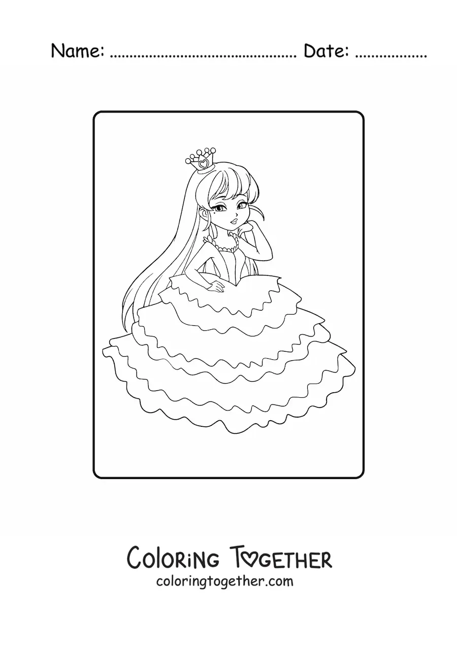 Coloring page of an elegant cartoon princess