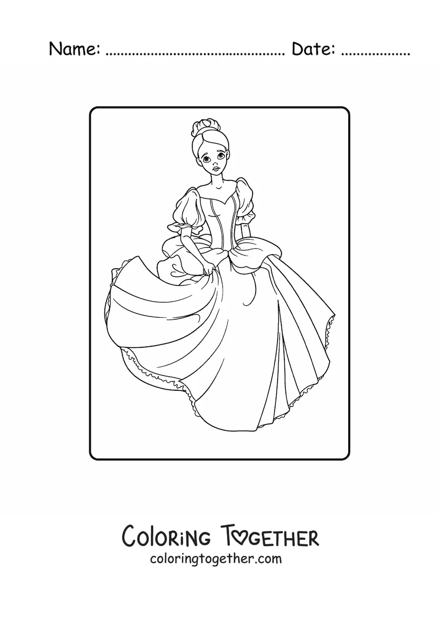 Coloring page of a sad princess in a beautiful dress