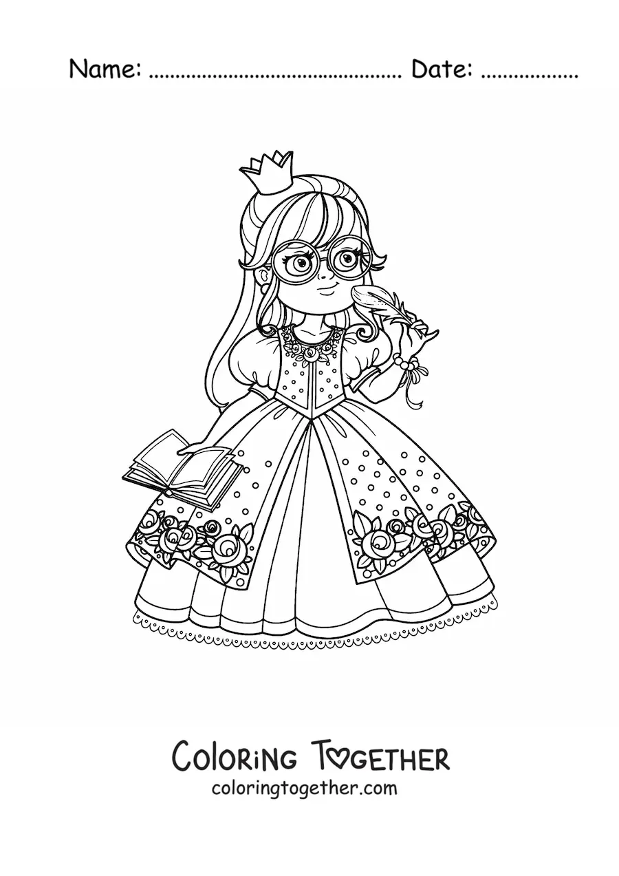 Coloring page of a kawaii intellectual princess with glasses and a book