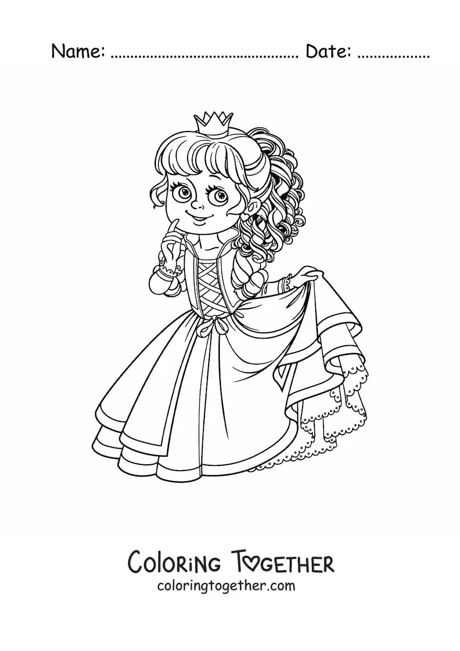 Coloring page of a kawaii princess holding her dress