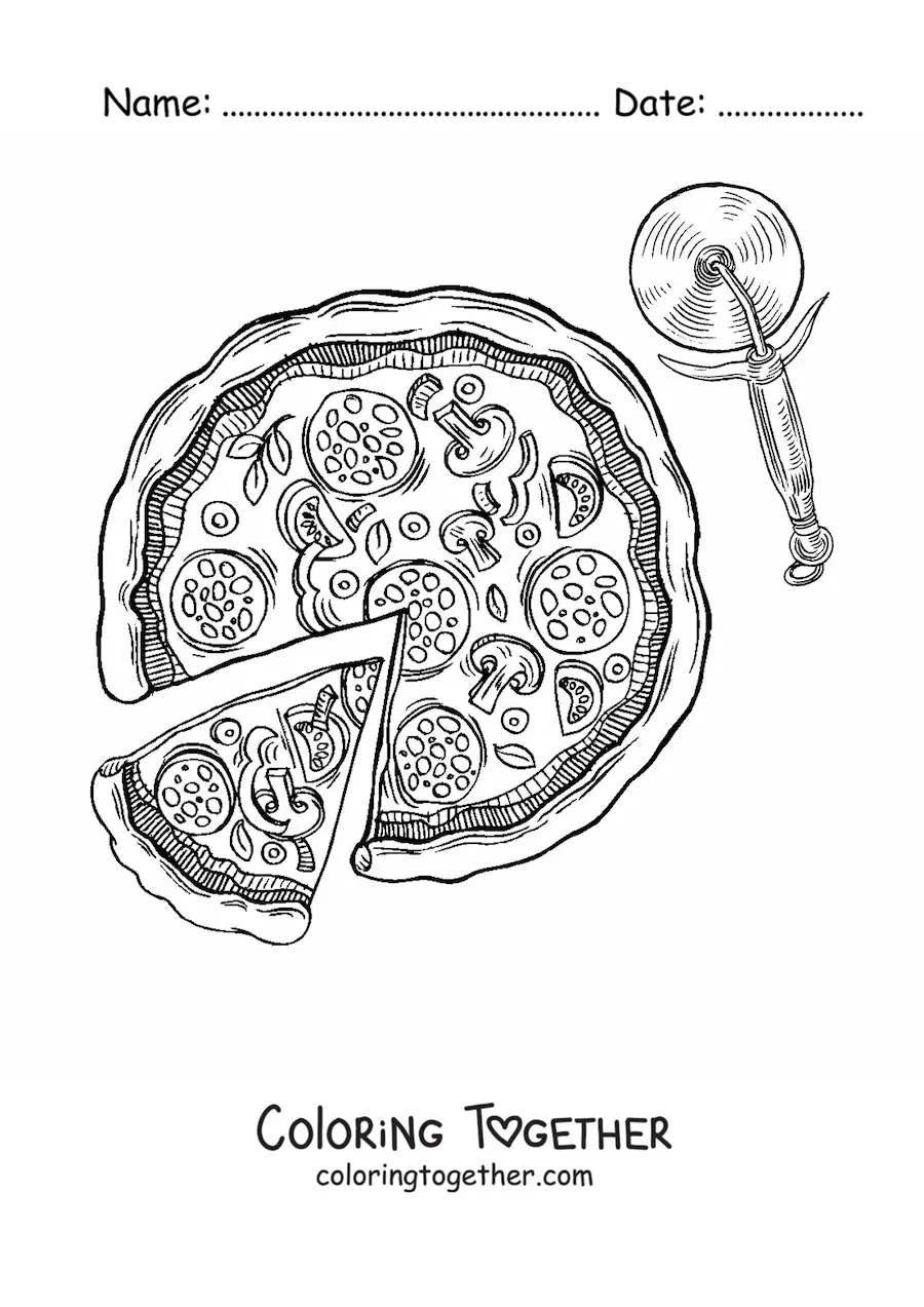 Coloring page of a pizza next to a pizza cutter