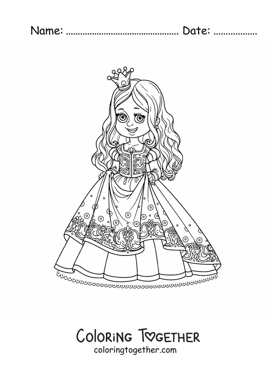 Coloring page of a kawaii princess holding her beautiful dress