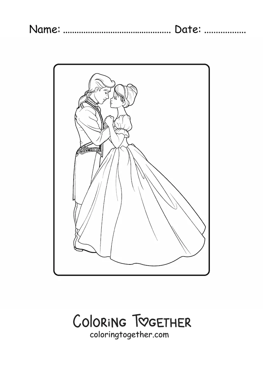 Coloring page of a princess dancing with the prince