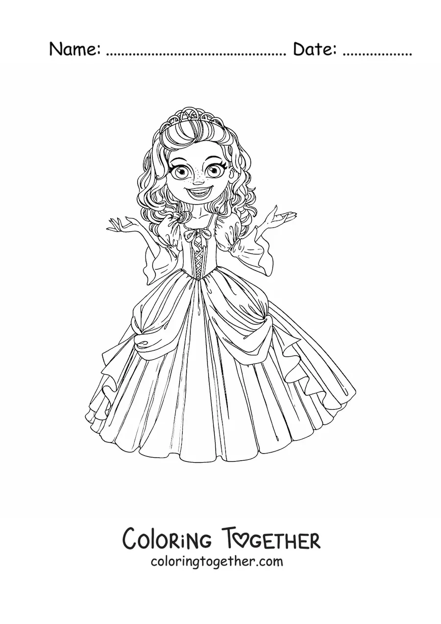 Coloring page of a cartoon princess in a pretty dress