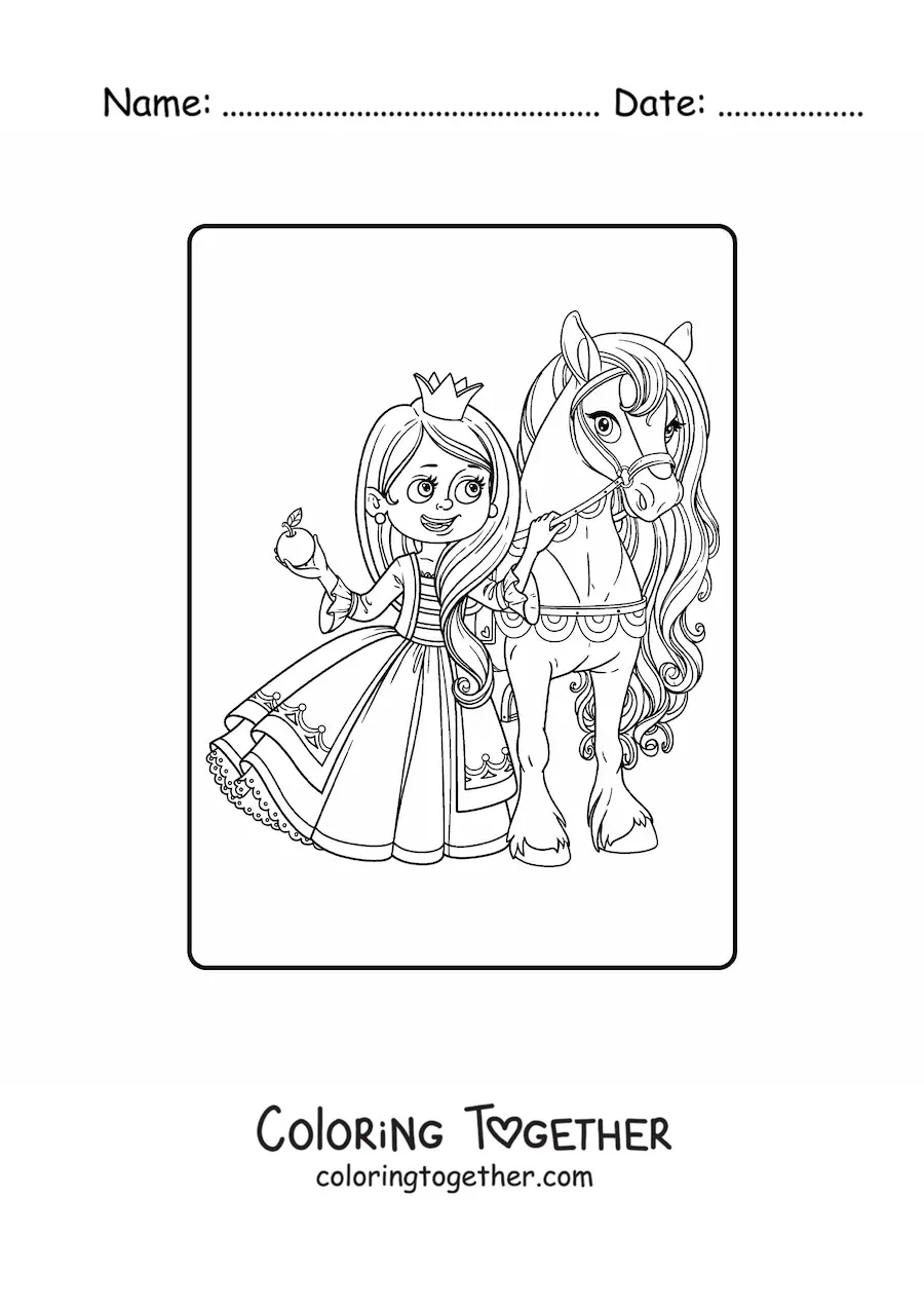 Coloring page of a kawaii princess with an apple and a pony