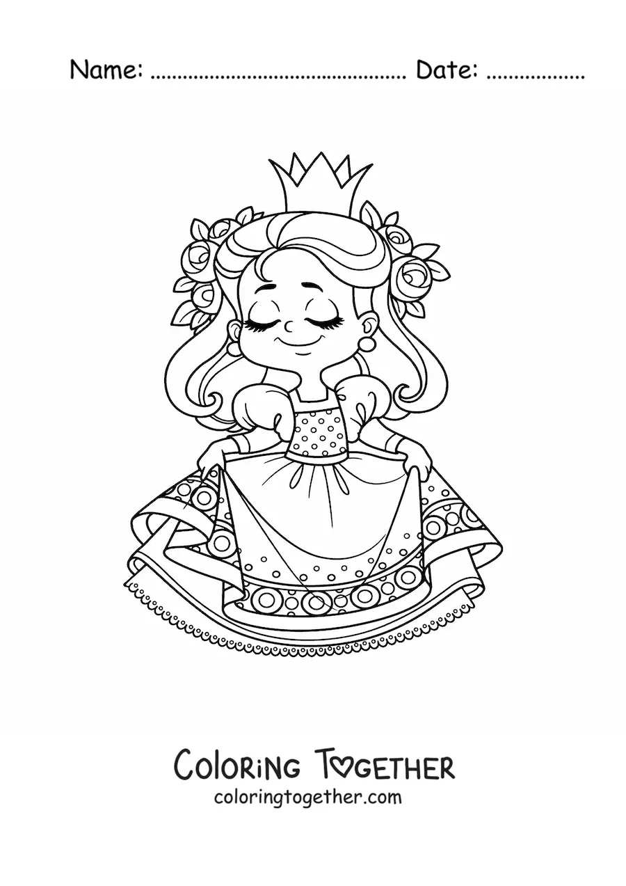 Coloring page of a kawaii princess with flowers holding her dress