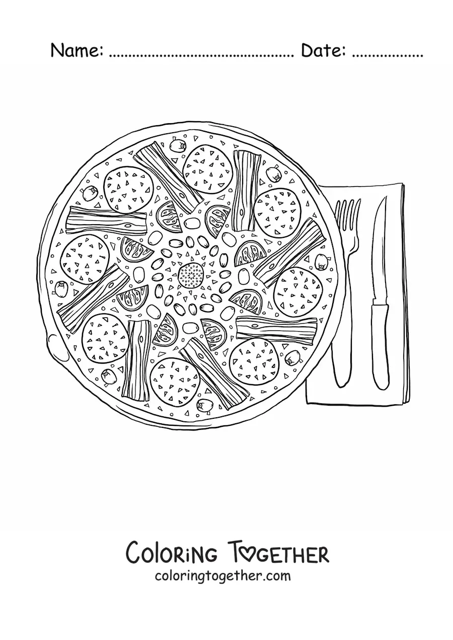 Coloring page of a pizza served next to a pair of utensils