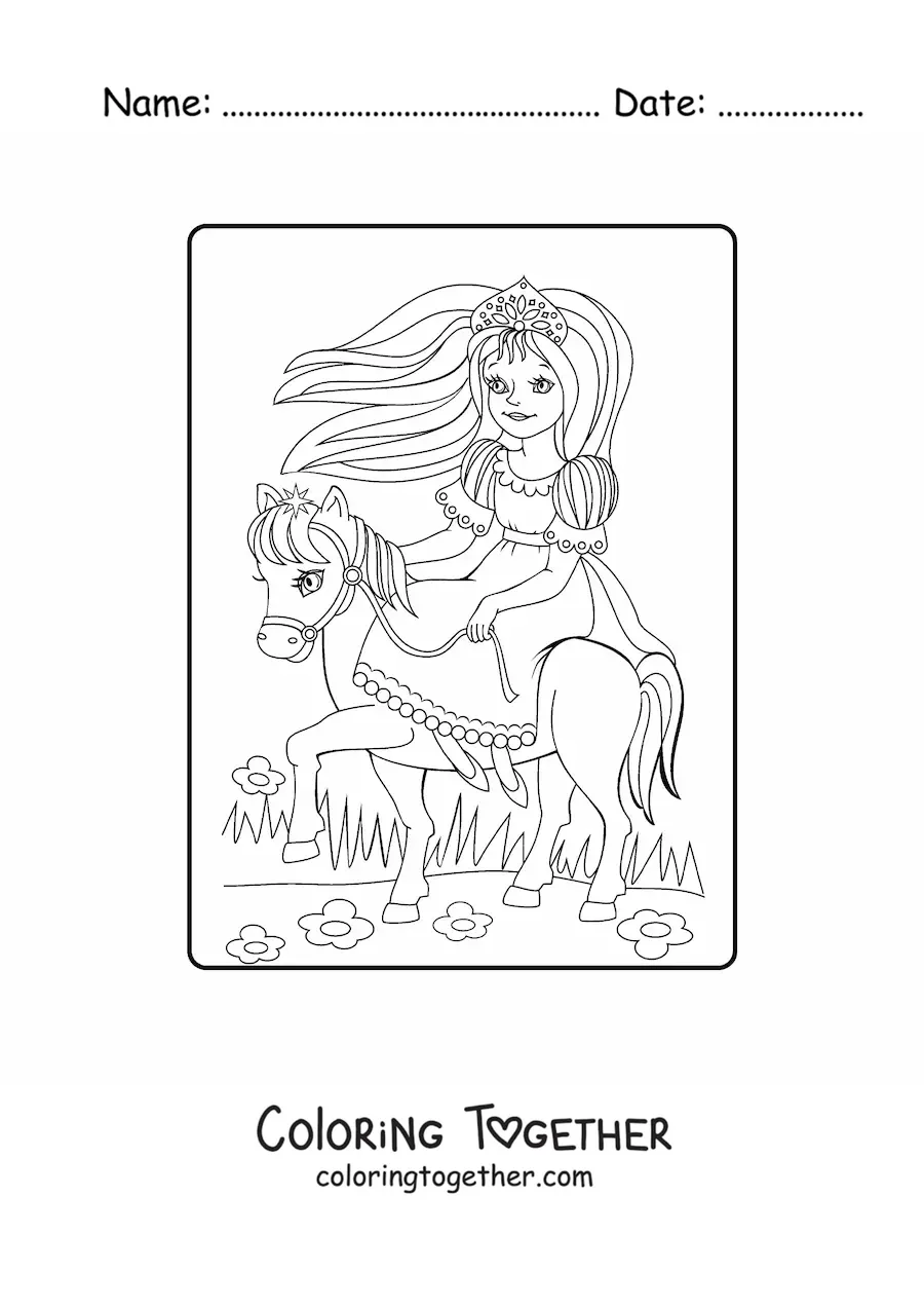 Coloring page of a cartoon princess riding a horse