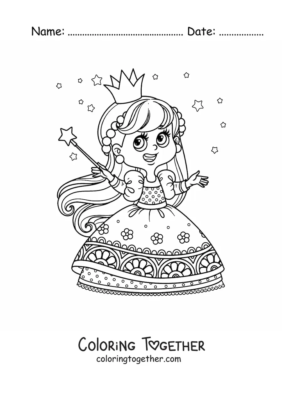 Coloring page of a large magical princess