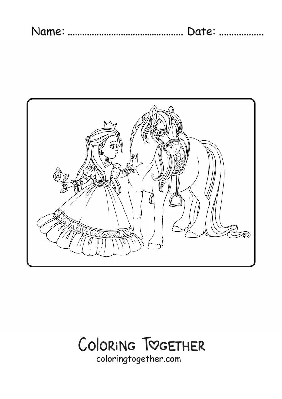 Coloring page of a princess with a rose and a steed