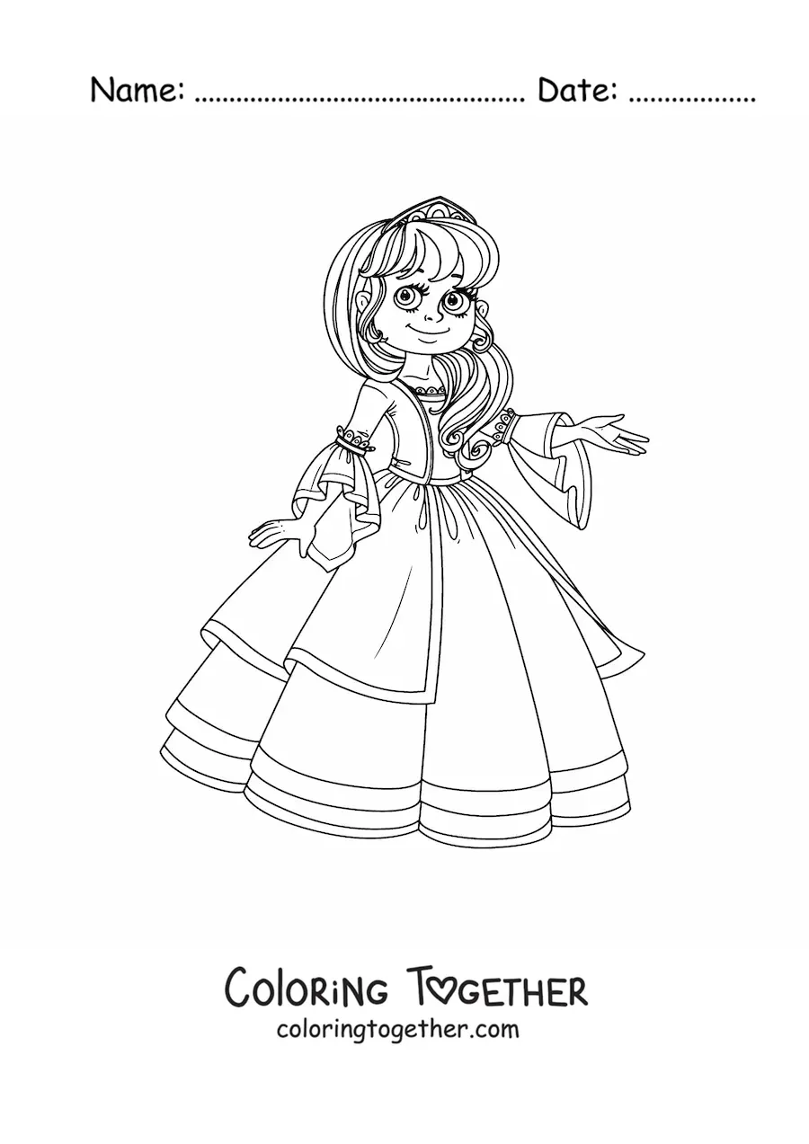Coloring page of a princess in an old-fashioned dress