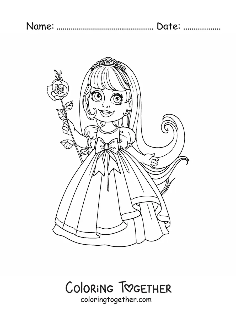 Coloring page of a little princess girl with a rose