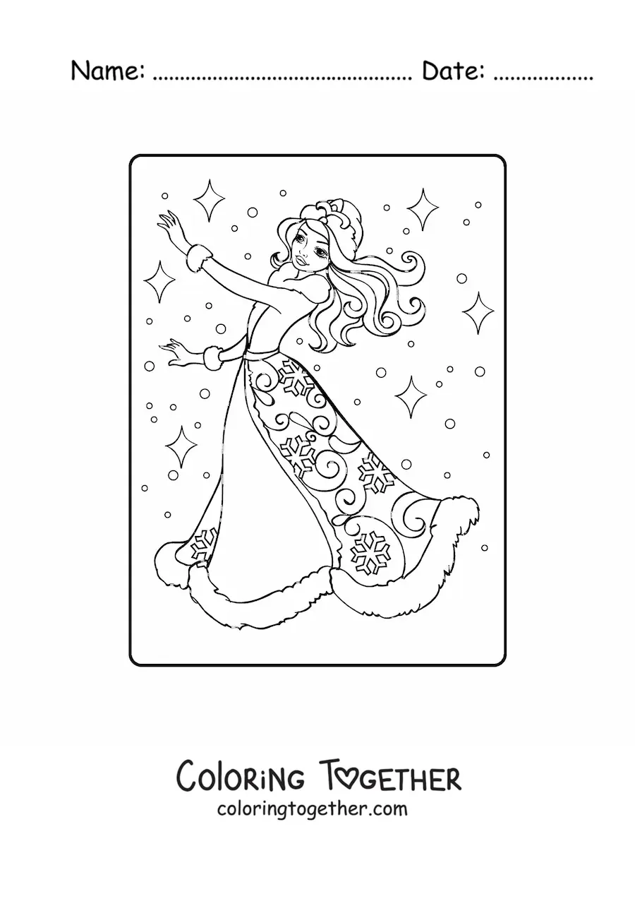 Coloring page of a beautiful snow princess