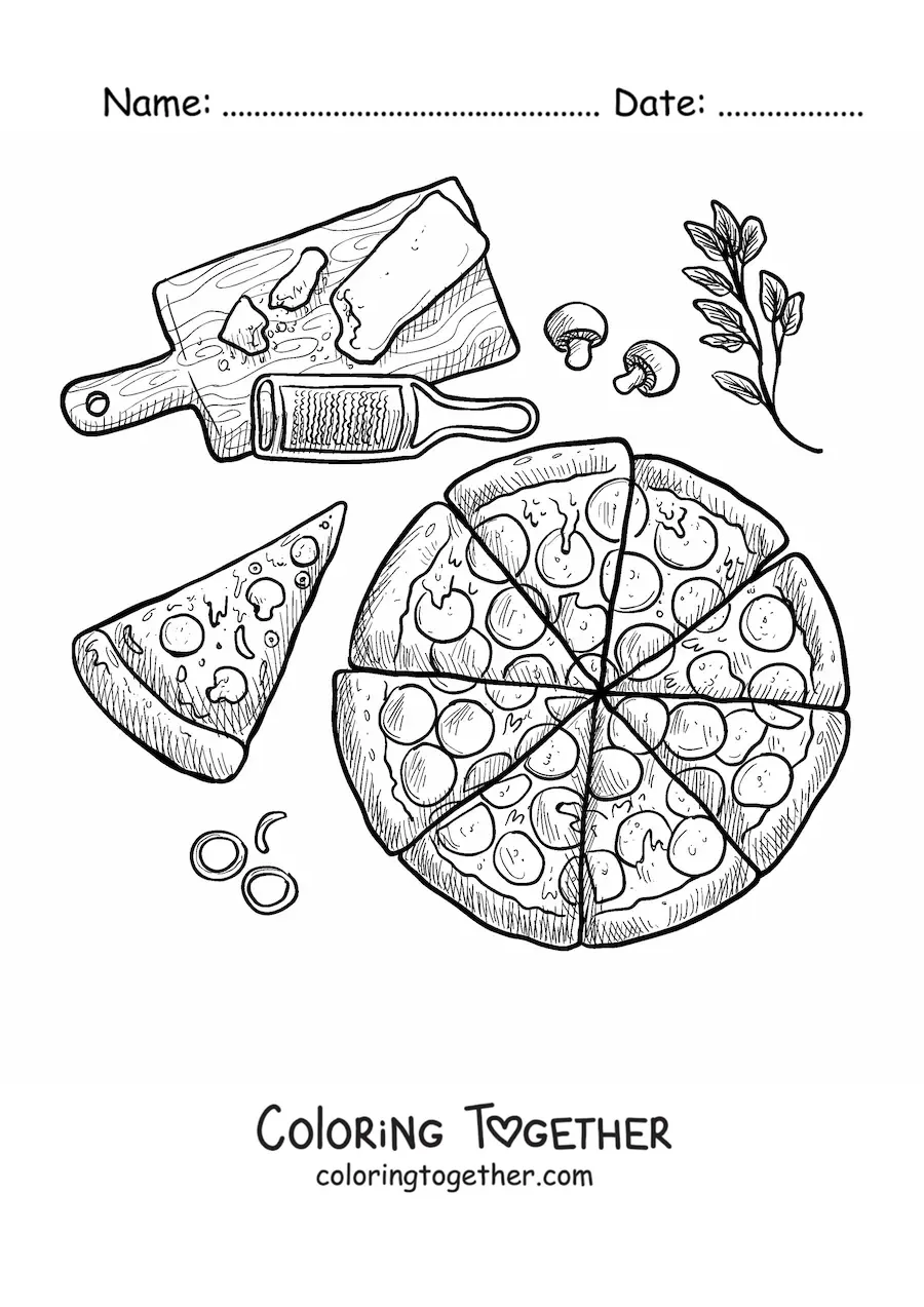 Coloring page of a pizza next to its ingredients