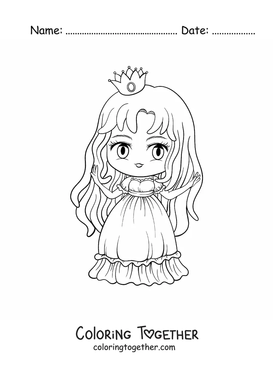 Coloring page of a kawaii chibi anime-style princess