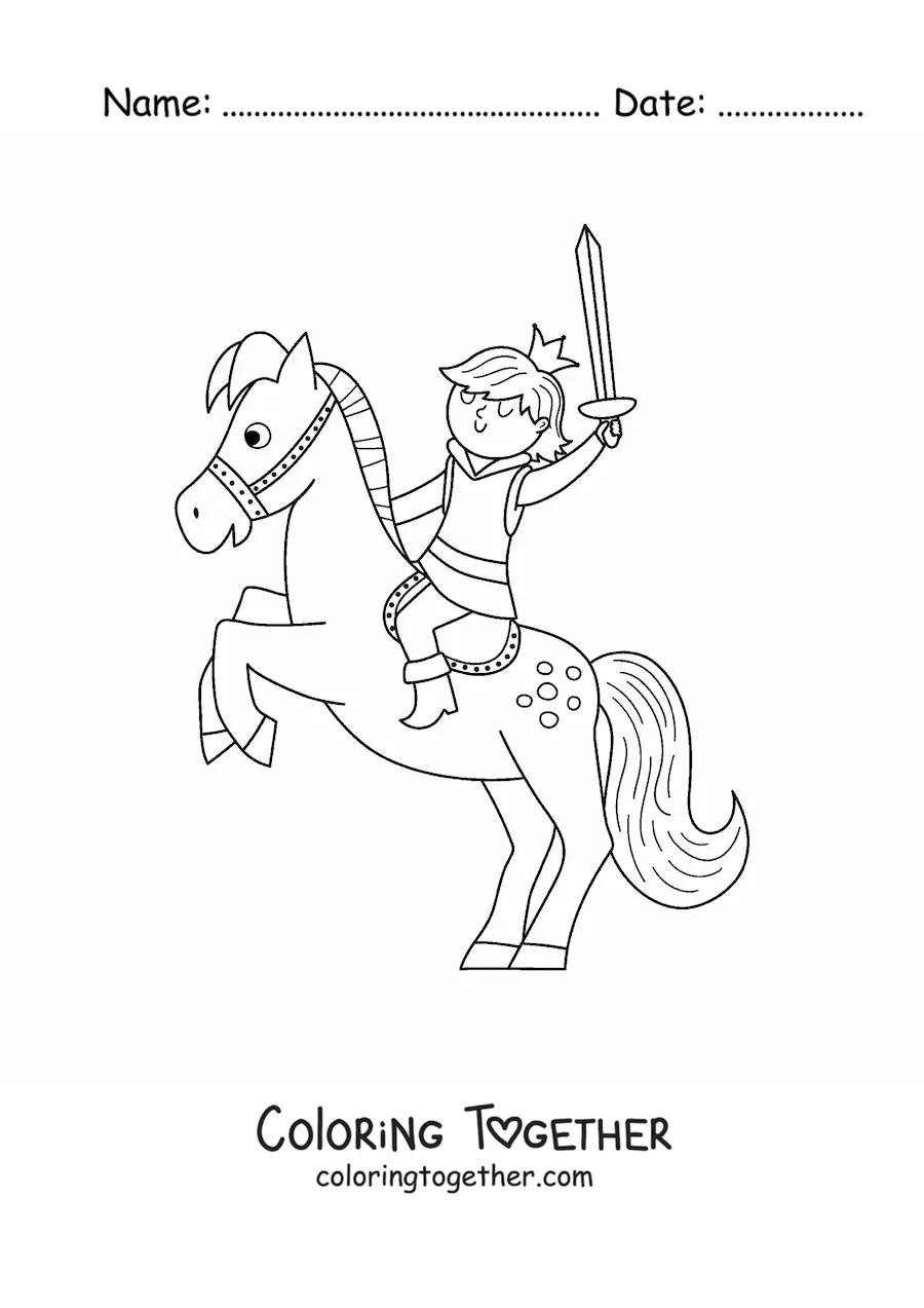 Coloring page of a kawaii prince on horseback with a sword