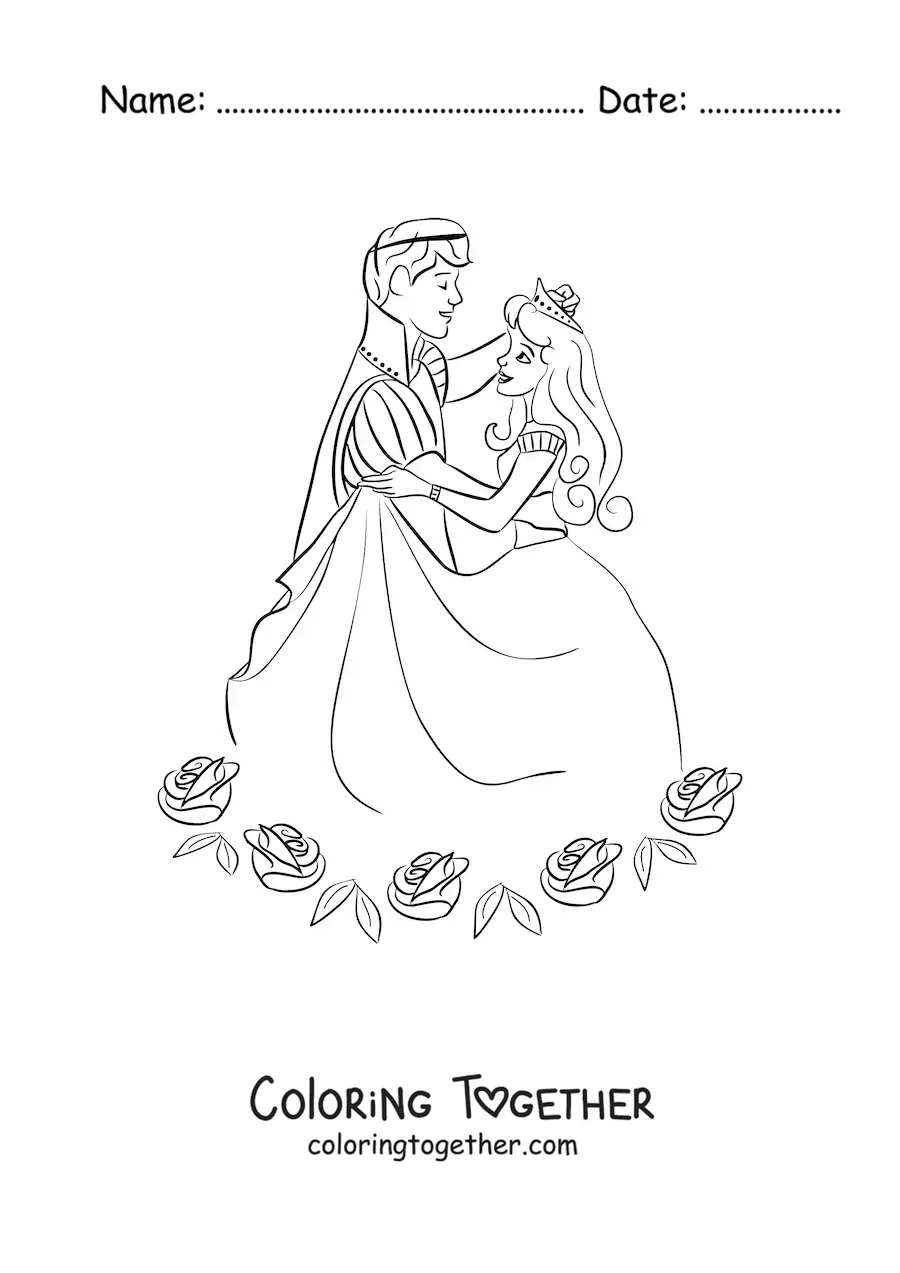 Coloring page of a young prince dancing with a princess