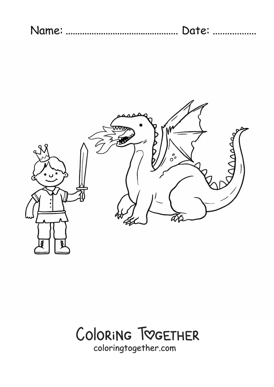 Coloring page of a prince with a sword defeating a dragon