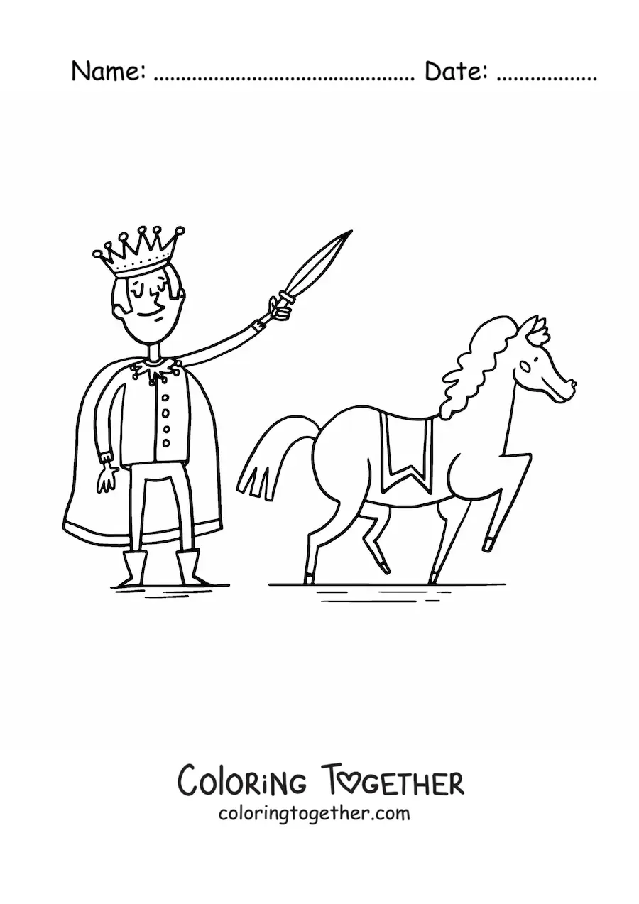 Coloring page of a funny cartoon medieval prince and his steed