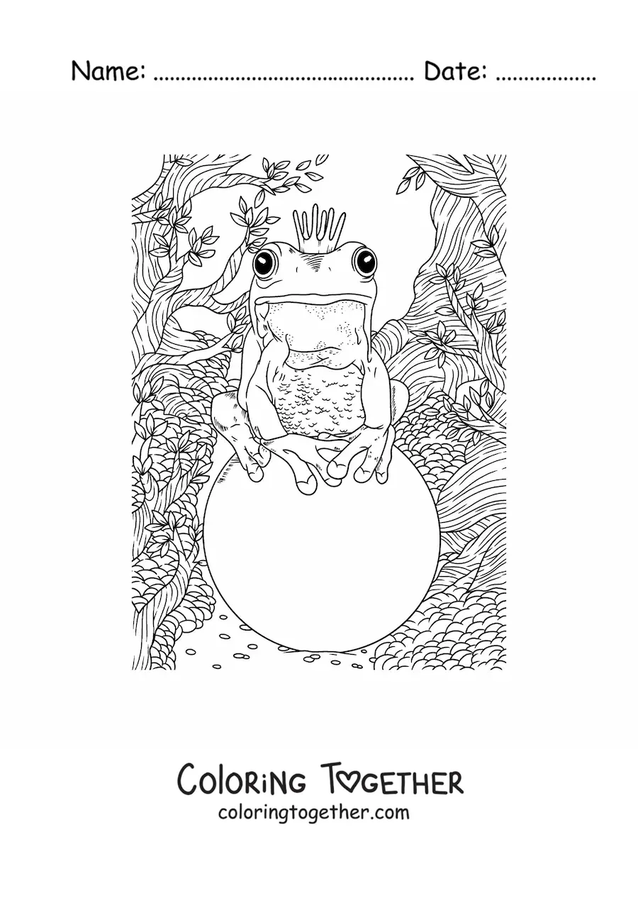 Coloring page of a realistic prince turned into a frog