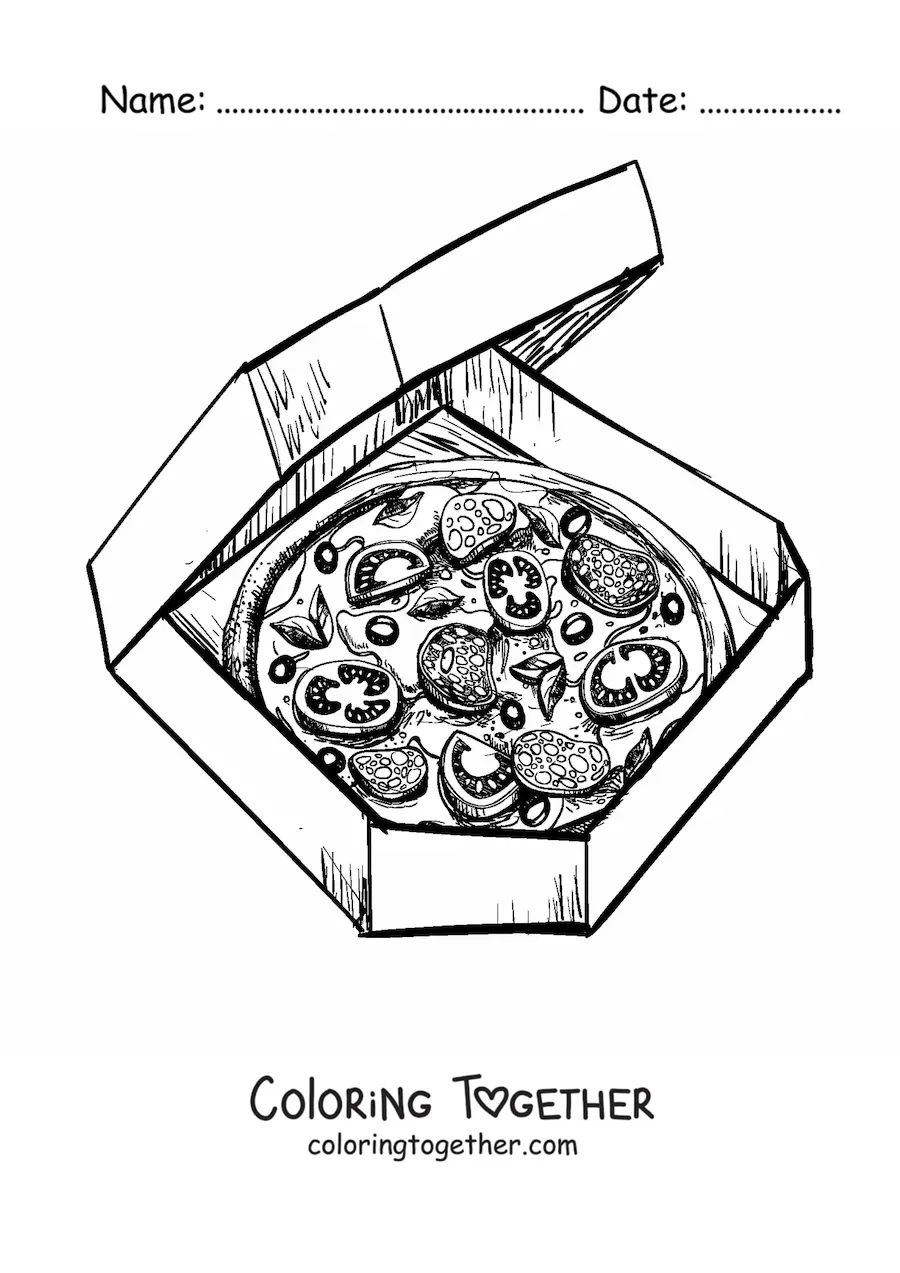 Coloring page of a pizza inside a pizza box