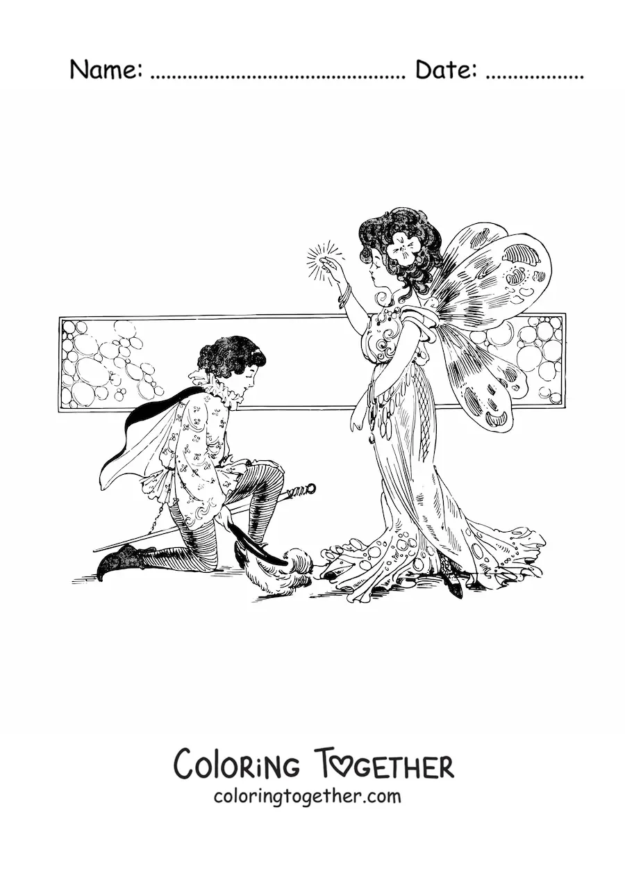Coloring page of a medieval prince kneeling before a realistic fairy