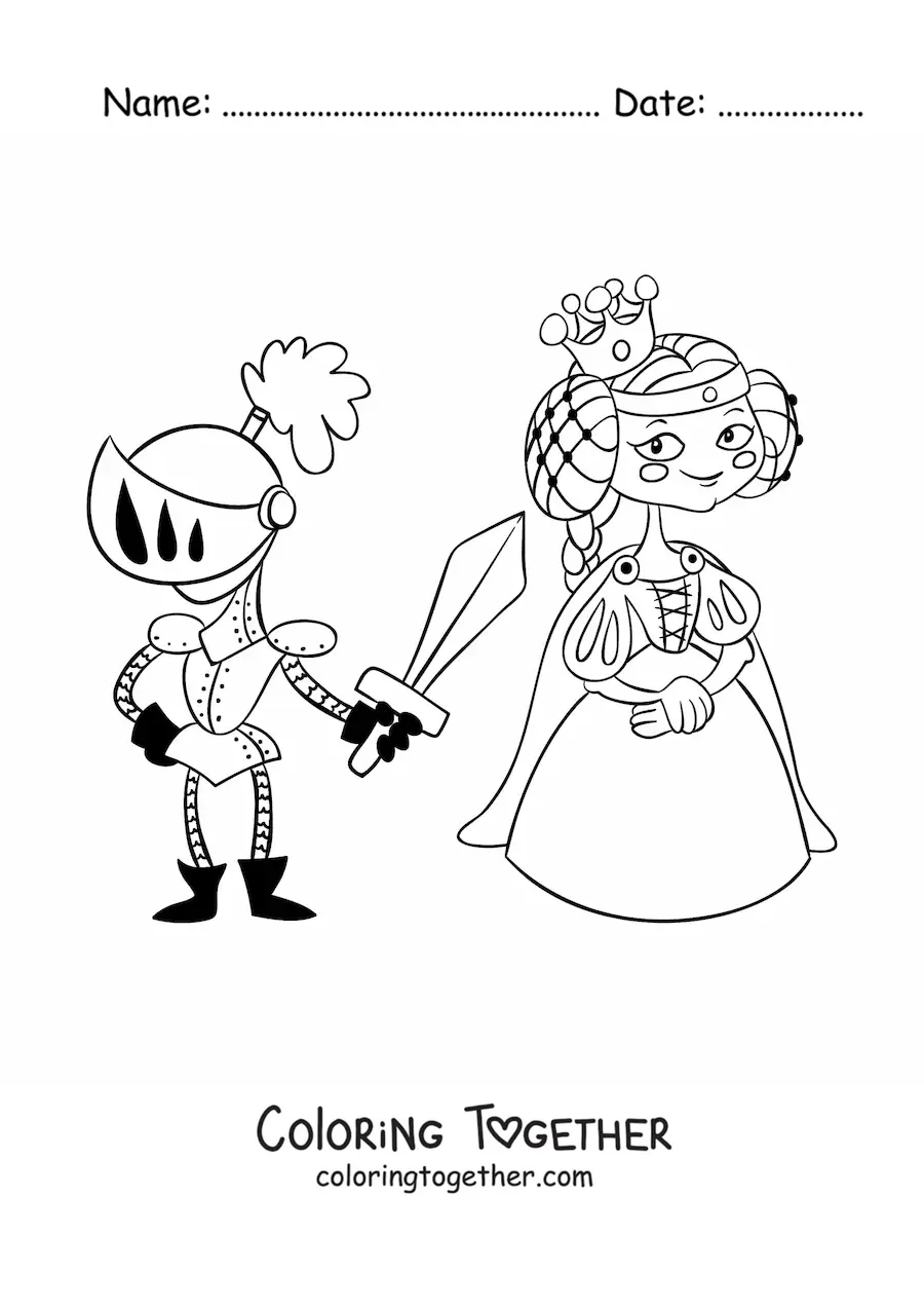 Coloring page of a cartoon of a prince in armor rescuing a princess