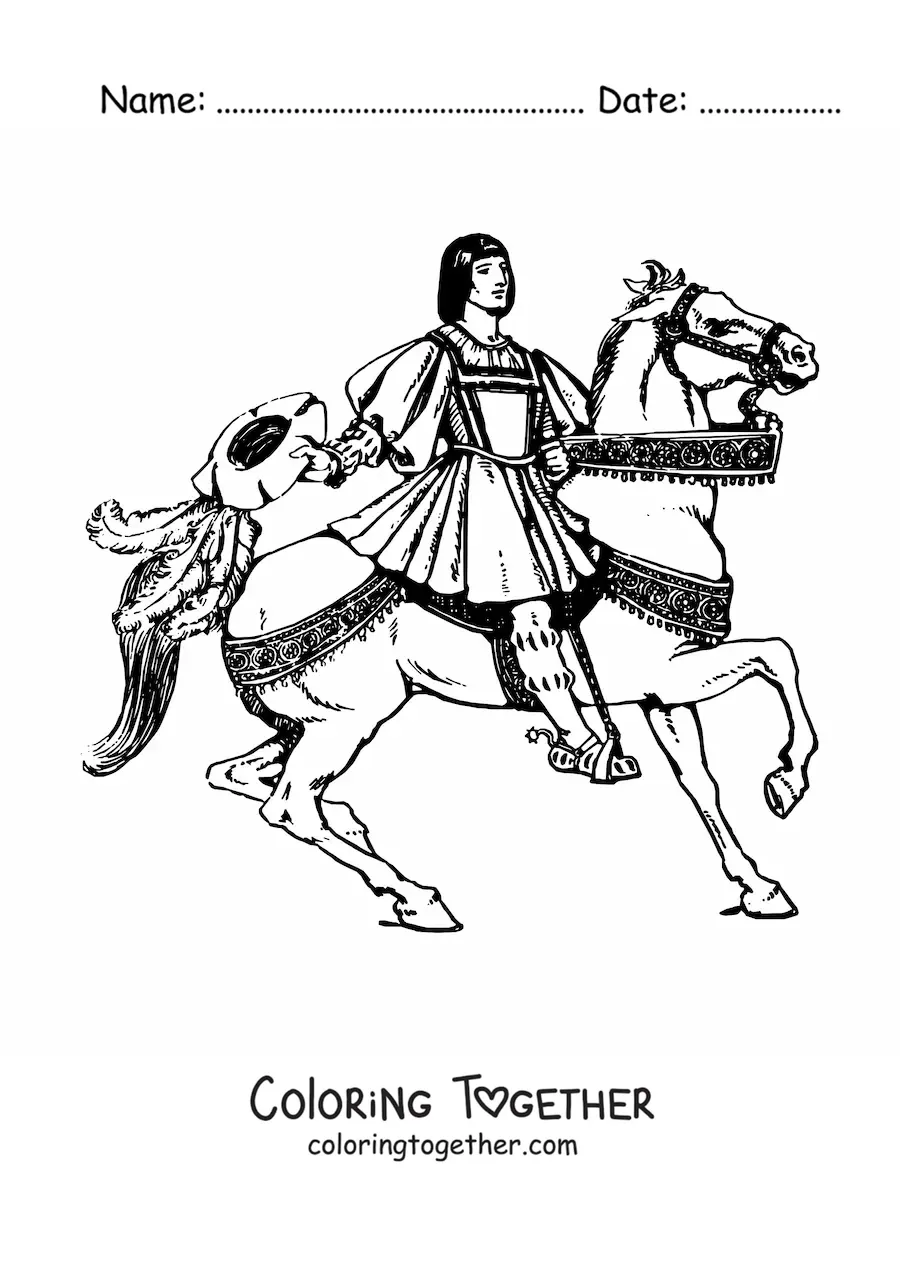 Coloring page of a medieval prince riding a horse