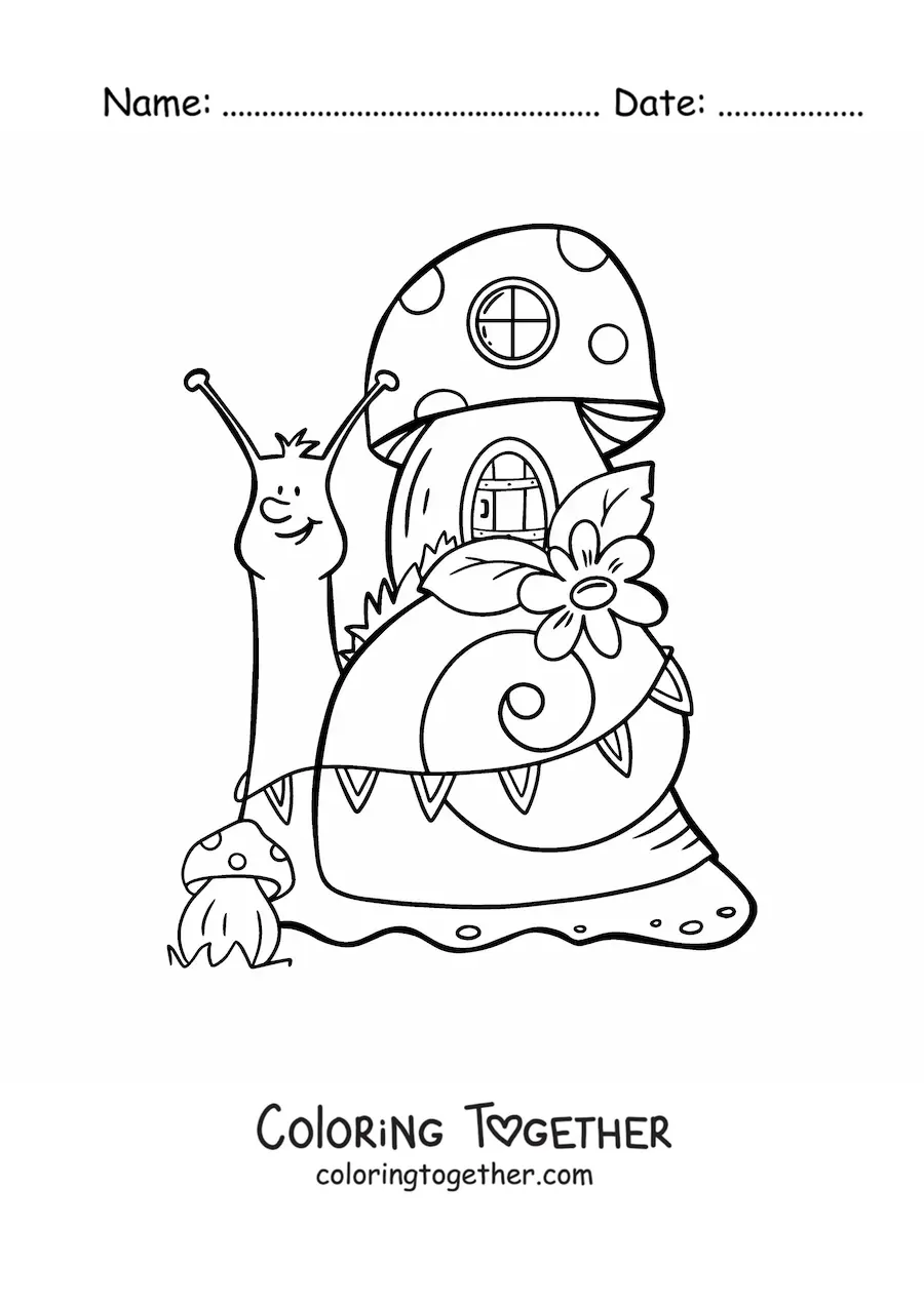 Coloring page of a cartoon snail and an enchanted forest house