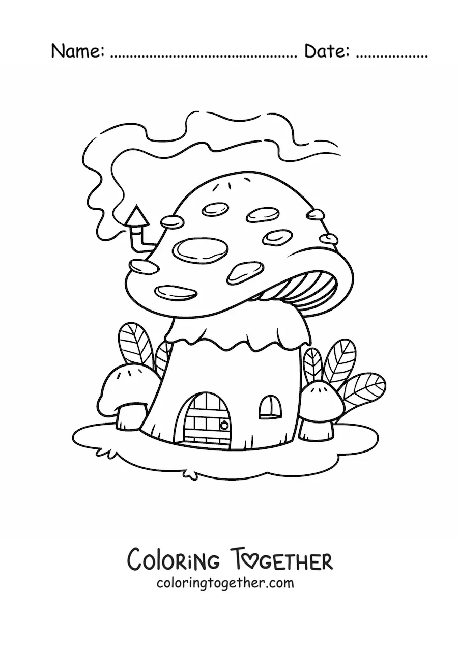 Coloring page of a mushroom-shaped house in the enchanted forest