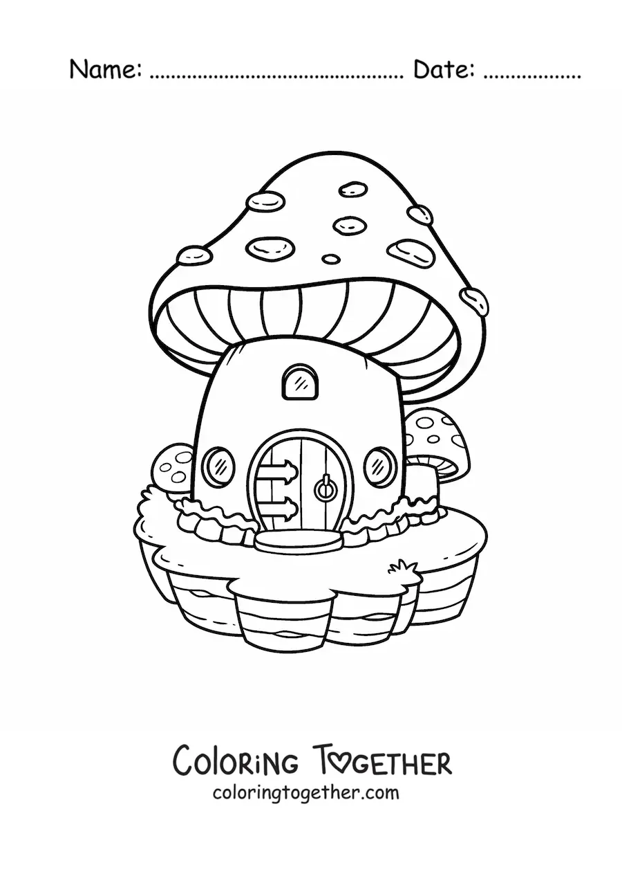 Coloring page of a mushroom-shaped house in the enchanted forest