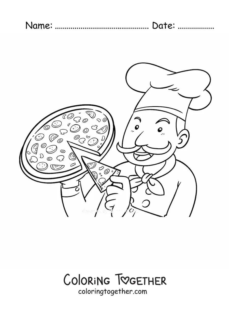 Coloring page of a chef with a pizza pulling out a slice