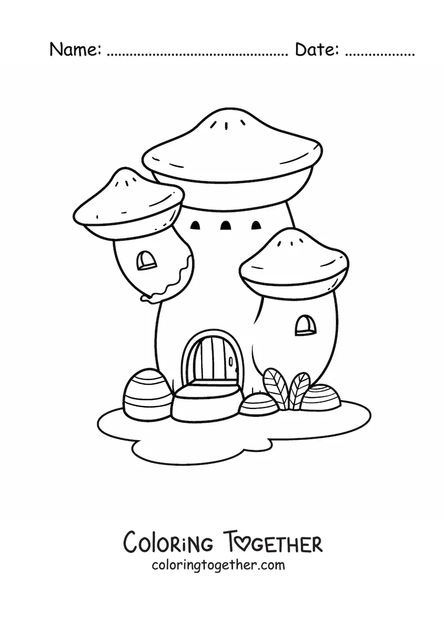 Coloring page of a mushroom-shaped house in the enchanted forest