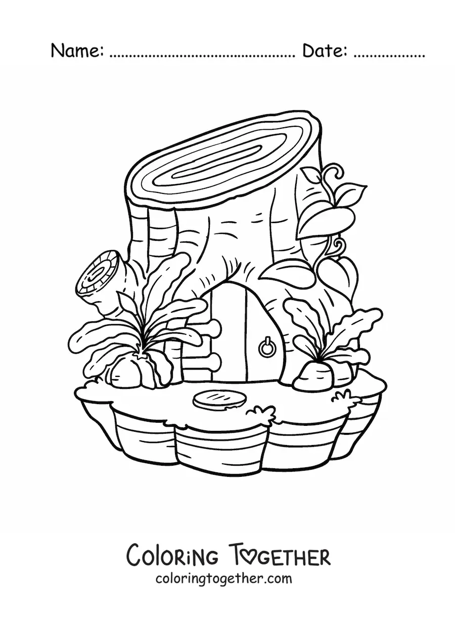 Coloring page of a log-shaped house in the enchanted forest
