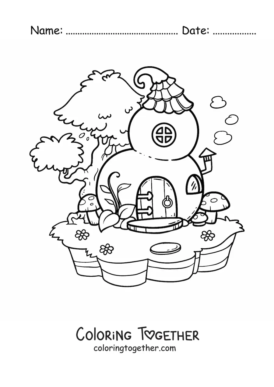 Coloring page of a pumpkin-shaped house in the enchanted forest